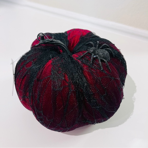 NWT Dark Red Velvet Spiderweb Lace Glitter Embellished Halloween Decor Pumpkin - Picture 2 of 15
